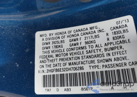 2013 Honda Civic Si z USA, uszkodzony, nr VIN 2HGFB6E52DH706286